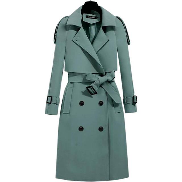 (L, Bean Green) Women&#39;s Classic Trench Coat Mid-length Fashion Wind-proof Coat For Autumn Spring Daily Wear