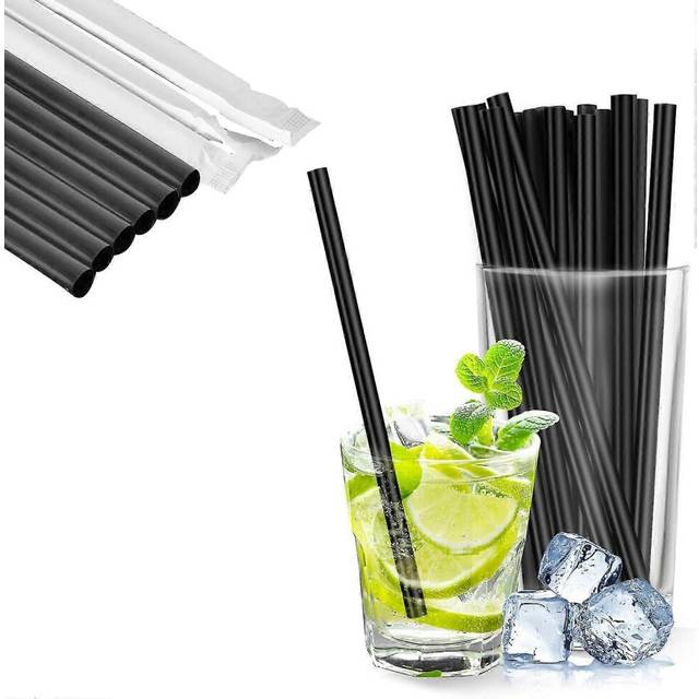 (As show, One size) Pack of 100 Packed Plastic Straws 21 cm, Cocktail Straws Reusable, Caliber 8 mm Black Drinking Straws Plastic Long Drinking Straws