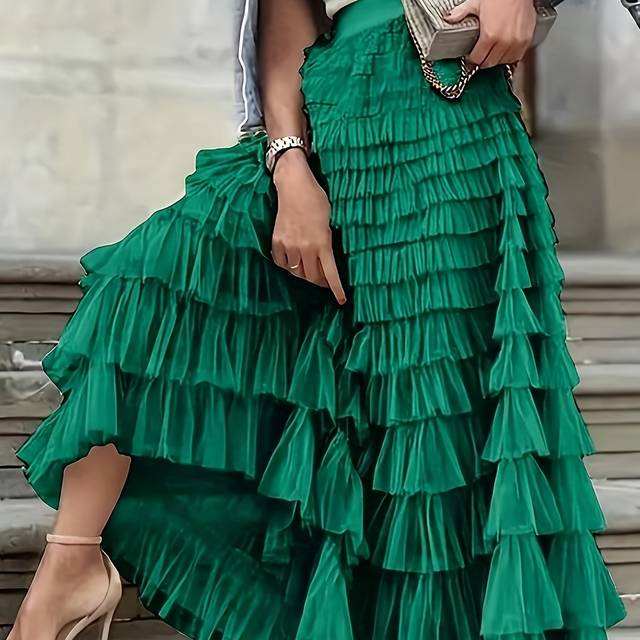 TEMU Elegant Solid Black Tulle Skirt For Women - High Waist, A-line Silhouette With Ruffle Detail, Lightweight Polyester, Spring/summer/fall, Machine Washable, High Waisted Skirt