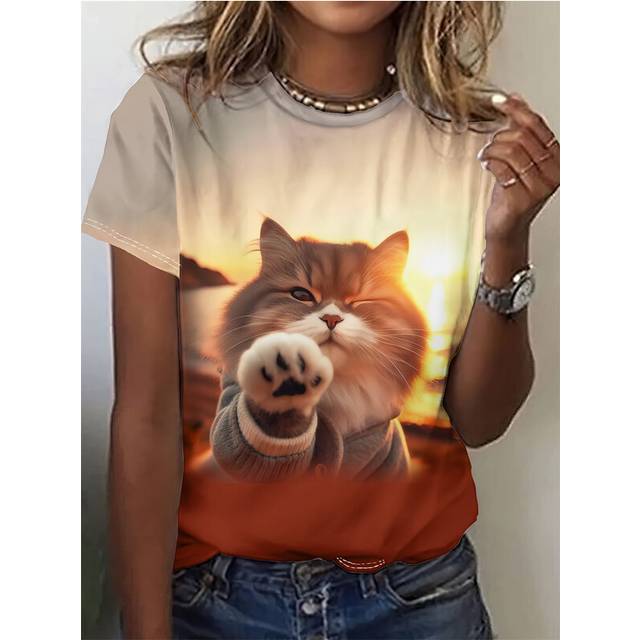 (Burgundy, M) Sale Cat Dog Women's T-Shirts 3d Animal Print Daily Tshirt Funny Casual Ladies Short Sleeve O Neck Female Clothing Top