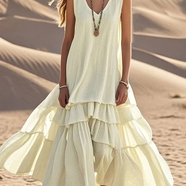 TEMU 2025 Spring/summer Casual Vintage Solid Color Maxi Dress With Ruffle Detail - Sleeveless V-neck, Flowy Beige Dress For Women, Adult Casual Attire, Casual Attire|vintage Style|ruffle Detail