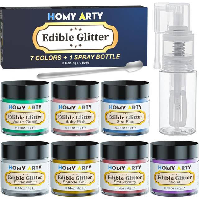HOMY ARTY Edible Glitter Spray for Cakes - 7 Colours x 4g, Luster Dust Edible Glitter for Drinks, Cocktails, Vegan Drink Glitter, Edible Dusting