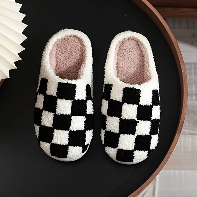TEMU Cozy Men's Fleece-lined Slippers - Soft, Warm & Non-slip Indoor Shoes For Fall/winter, Black & White Checkered Pattern, Eva Sole, Home & Casual Wear, House Slippers