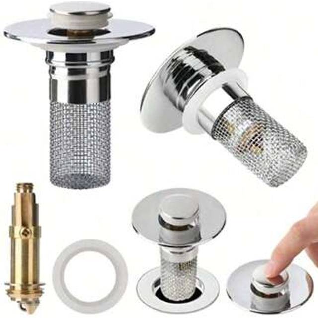 SHEIN 2pcs/Set Bathroom Sink Drain Stopper With Removable Stainless Steel Filter Basket, Kitchen/Bathroom Basin Drain Plug, Multifunctional Hair Catcher Dra