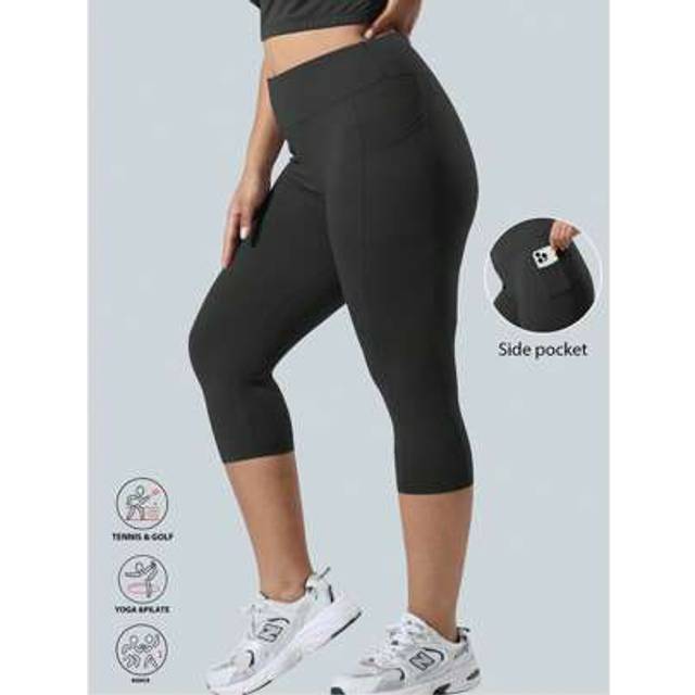 SHEIN Plus Capri Leggings With Pockets High Waist Cropped Trousers Yoga Pants For Women Running Active 3/4 Length Leggings For Workout Exercise & Fitness