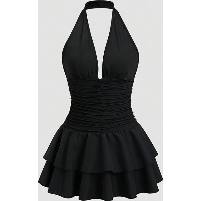 TEMU Elegant Black Halter Neck Mini Dress With V-neckline & Hem - Sexy Backless Design, Cinched Waist, & Blend, All , Evening Wear | Ruched Waist Dress | Blend Fabric,