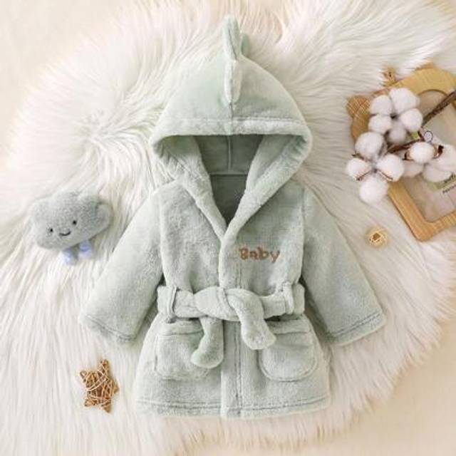 SHEIN Newborn Casual Cute Knitted Fleece Hooded Long Sleeve Pajamas With Embroidered Letter Pockets And Waist Belt, Soft & Comfortable Loungewear Winter Clo