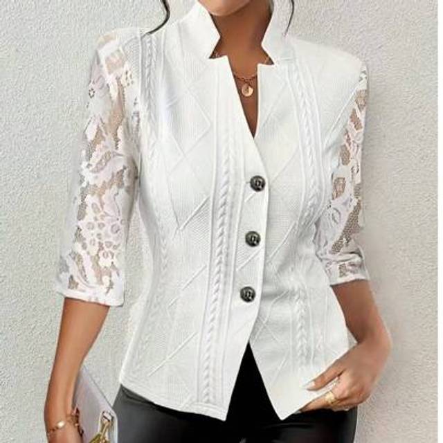 SHEIN Women&#39;s Textured Fabric Cinched Waist Lace Splice 3/4 Sleeve Button Blazer Thin Jacket
