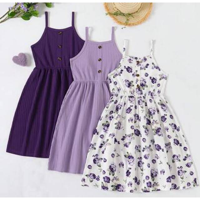 SHEIN Tween Girls 3pcs/Set Floral Print Solid Color Cami Dress Set, Summer