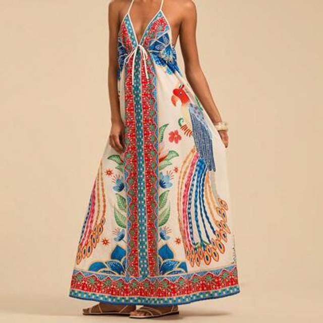 Travachic Summer Weekend Date Dress, Vacation V-Neck Full-Sleeve Backless Artistic Print Women&#39;s A-Line Wrap-Around Neck Dress, Vacation Summer Beach Dress, Bac