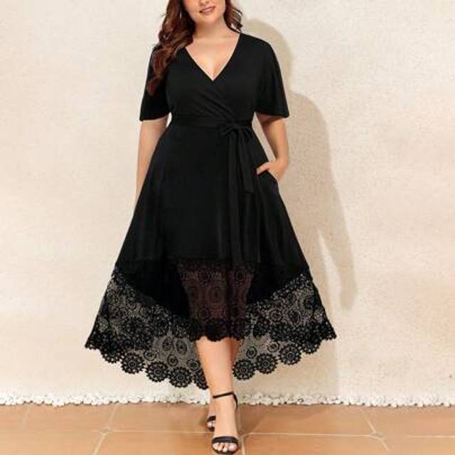 SHEIN Plus Size Women Elegant Concert Party Cocktail Formal Midi Wrap Dress Ladies Lace Hem V Neck Short Sleeve Bow Pockets Gothic Ball Gown