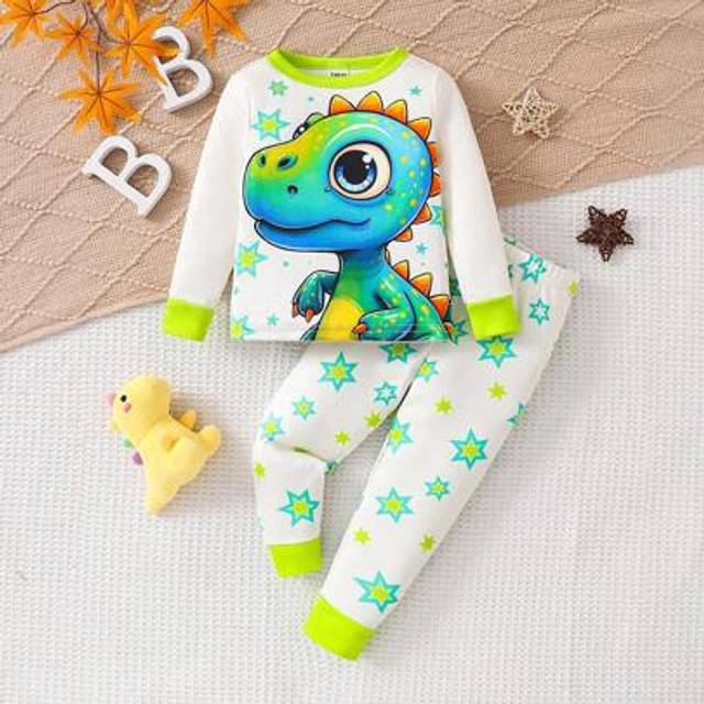 SHEIN Baby Boy 3D Dinosaur Glow In Dark UV Light Activated Pattern Long Sleeve Rashguard Top And Leggings 2 Pieces Pajama Set