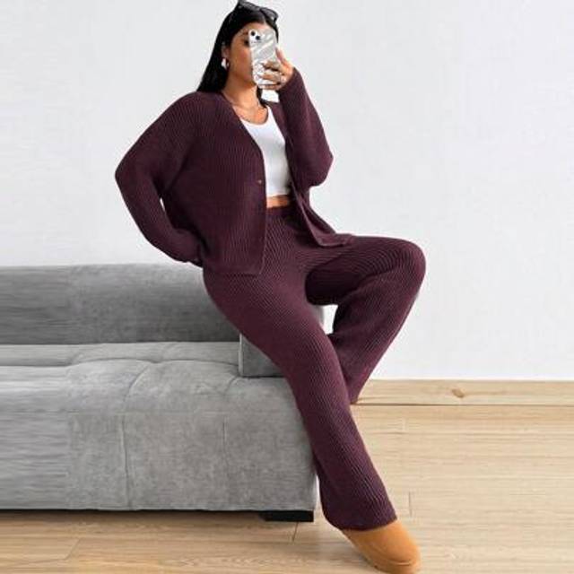 Flirla Plus Size Women&#39;s Popular Soft & Comfortable Solid Color Casual Sweater Set, Suitable For Indoor/Outdoor Wear, Winter