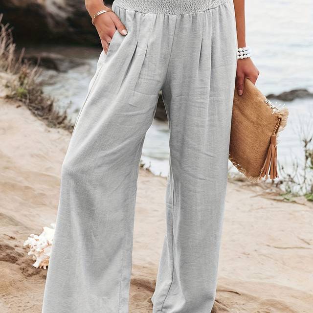 TEMU Women's High-waisted Wide-leg Pants - Summer Casual Elastic Waist Lightweight 180gsm Polyester Trousers, Machine Washable Solid Color For Beach & Casual Attire