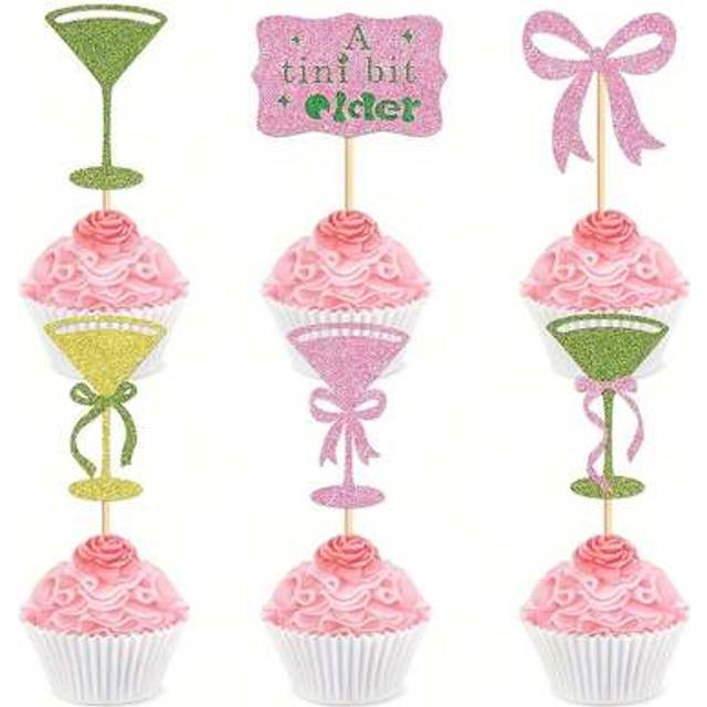 SHEIN 24pcs Martini Bow Birthday Cupcake Toppers A Tini Bit Older Bow Olive Green Wine Glass Birthday Party Decorations Martini Bachelorette Bridal Shower P