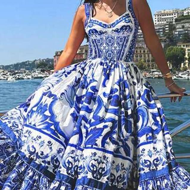 SHEIN Holiday Boho Spaghetti Strap Long Dress With Blue Floral Print And Color Blocks, For Kentucky Derby, Vacation And Beach