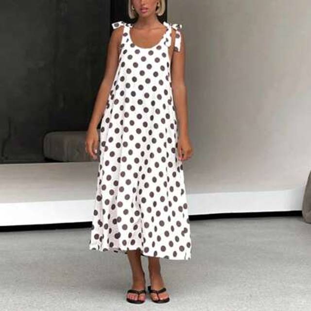 SHEIN Womens Tie Shoulder Maxi Dress Summer Sleeveless Round Neck Dots Print Dress Long Flowy Dress