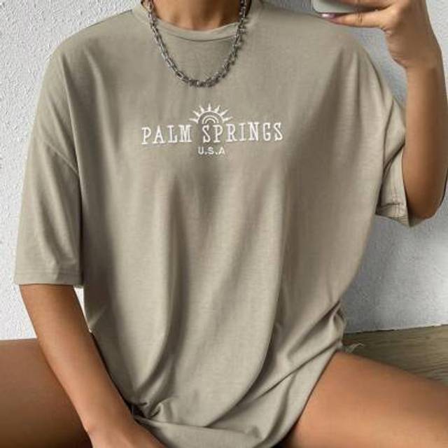 Zielony Sun & Letter Graphic Drop Shoulder Tee Graphic Tees Women Tops Oversized T Shirt Womenkhaki Teen Girls Sets
