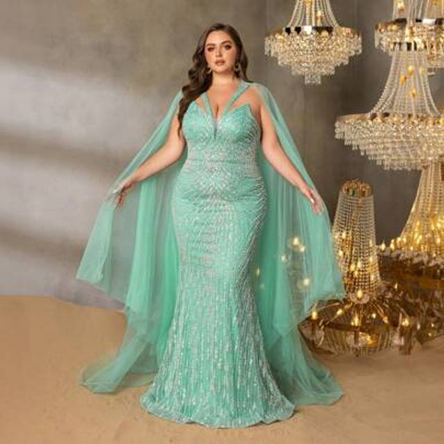 SHEIN Luxury Plus Evening Gown With Halter Neckline & Sheer Tulle Cape | Elegant Mermaid Silhouette Dress With Beaded Embellishments & Dramatic Train | Curv