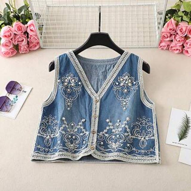 SHEIN Women Denim Vest Jacket Sequin Flower Embroidered V Neck Button-Up Sleeveless Crop Jean Tops Summer Streetwear