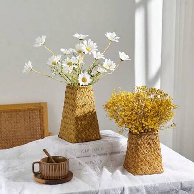 SHEIN 1pc Handmade Natural Woven Flower Basket,European Storage Basket, Home And Garden Floral Art Decor, Aesthetic Room Decor, Home Decor Vase Gifts Birthd