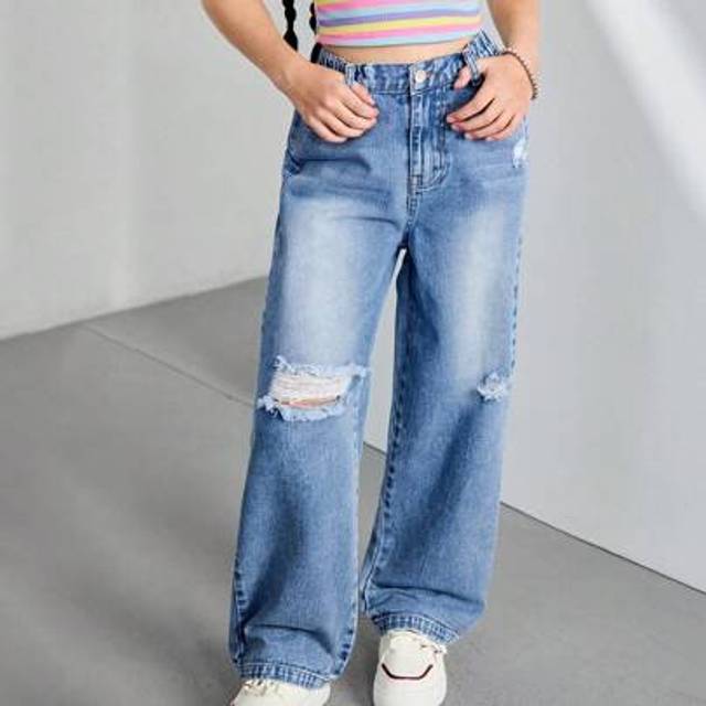 SHEIN TWEEN GIRLS Distressed Denim Washed Blue & White Cloud Color Straight Leg Casual Jeans, School, Campus, College