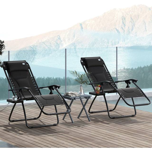 Outsunny 2 Pcs Zero Gravity Lounger Folding Recliner Chair w/ Cup Holder, Black