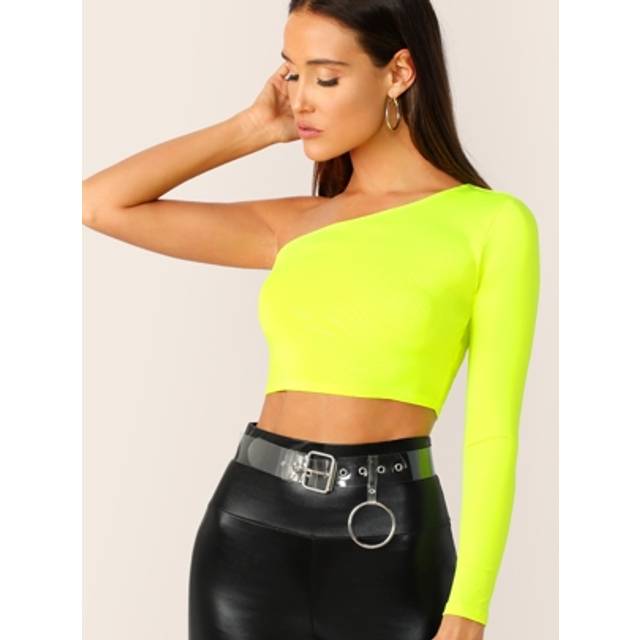 SHEIN Neon Yellow One Shoulder Crop Tee