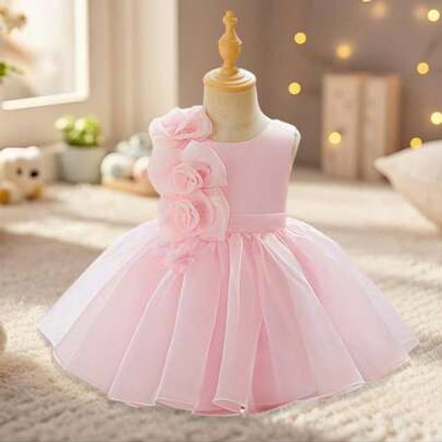 SHEIN Little Girls Birthday Princess Dress Sleeveless O Neck 3D Flower Decor A-Line Ball Gown Partywear