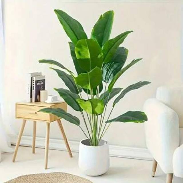 SHEIN 80/88cm Large Artificial Banana Tree Tropical Fake Palm Branch Plastic Birds Of Paradise Leaves Green Monstera Leaves For Home Garden Party Office Dec