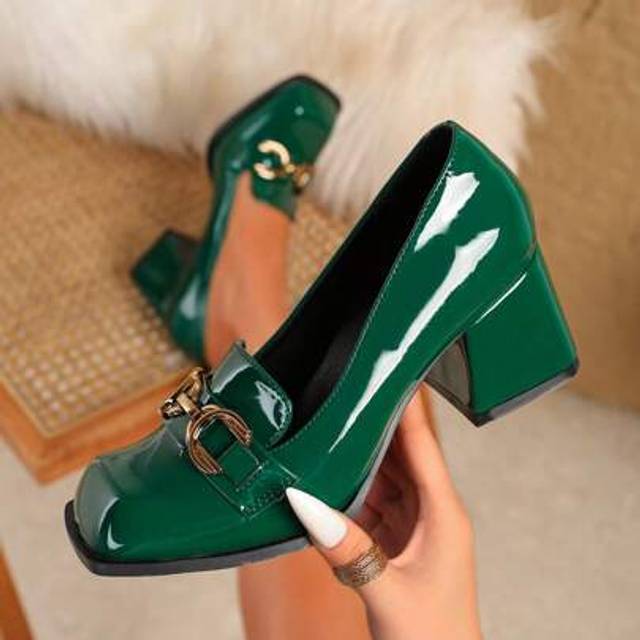 SHEIN Small Size Women Mary Jane Pumps, Thick Heels, Square Toe High Heel Shoes With Bow, Fashion Comfortable Burgundy Green Suede Chunky Heel Pumps