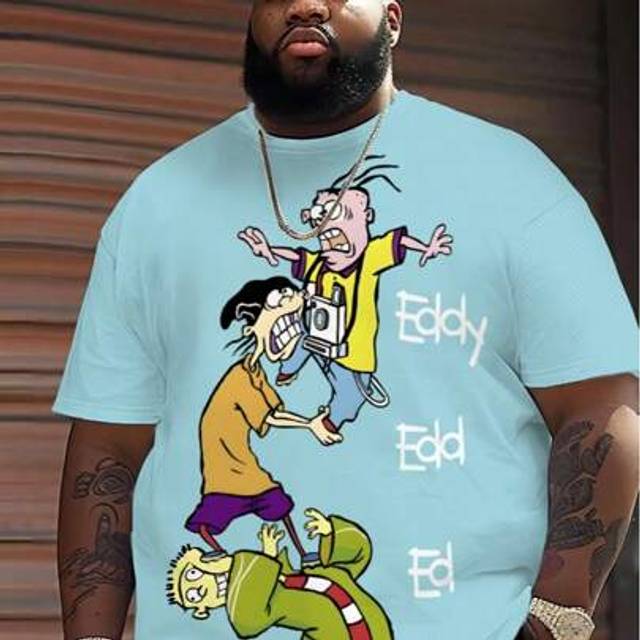 SHEIN Plus Size Men&#39;s Cartoon Character Print T-Shirt, Casual Crew Neck Short Sleeve Tops For Summer, Versatile For Exercise, Fitness, Entertainment