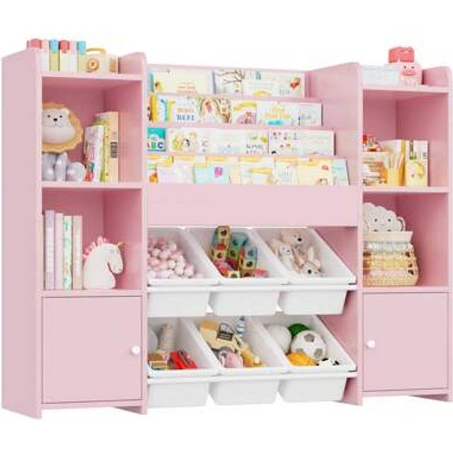 SHEIN Furchen Toy Storage Unit, Montessori Bookcase, Toy And Book Storage Shelf, Toy Organizer, With 6 Boxes, Pink, 119 X 29.5 X 94 Cm