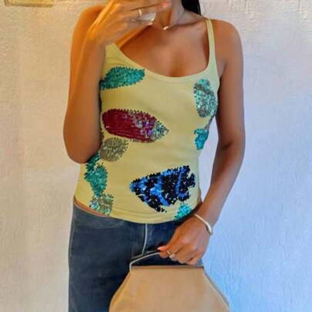SHEIN Women Summer Camisole Casual Sequin Embroidery Spaghetti Straps Tank Tops Sleeveless T-Shirt For Club Streetwear