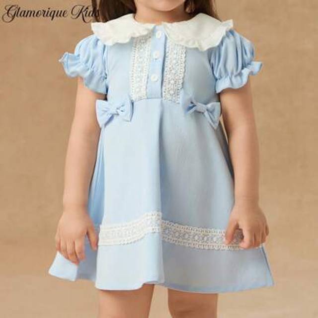 SHEIN Baby Girls&#39; Puff Sleeve Color Block Lace Decor Point Collar Front Opening Dress