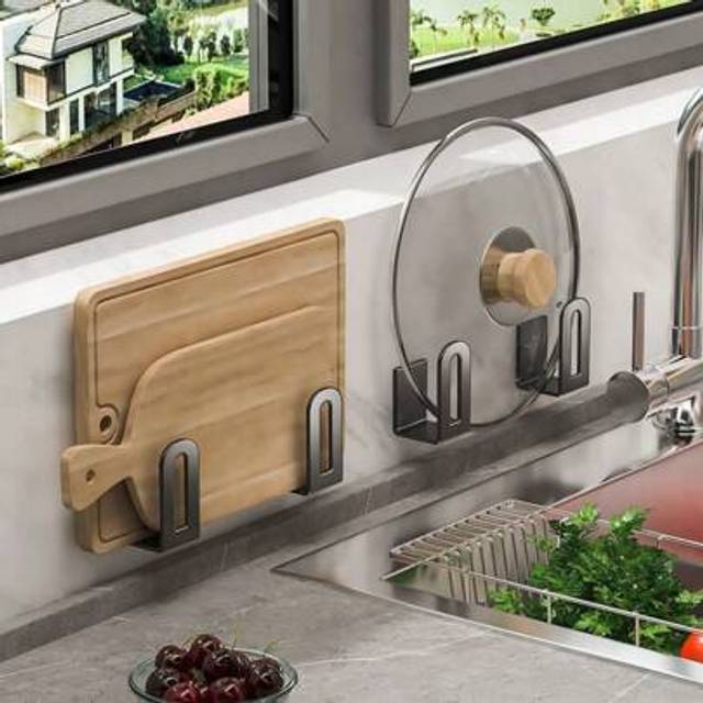 SHEIN 2pcs No-Drill Pot Lid Holder, Kitchen Multi-Function Storage Rack Chopping Board Cover Bathroom Balcony Wall Hanging Shelf