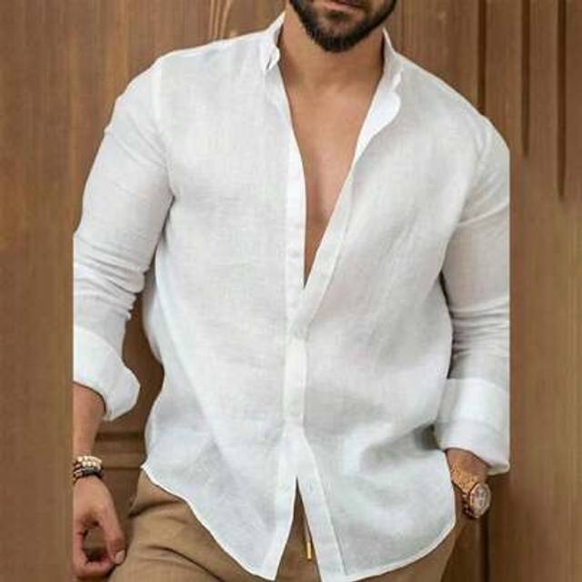 SHEIN Men&#39;s Solid Color Fashion Cotton Linen Casual Loose Long Sleeve T Shirts Turn-Down Collar Summer Lapel Business Comfortable Tee Shirts