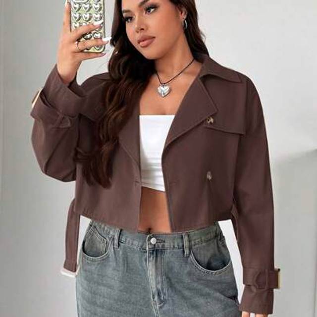 SHEIN Plus Size Retro Solid Color Lapel Short Trench Coat Plus Size Cropped Jacket Plus Size Brown Jacket
