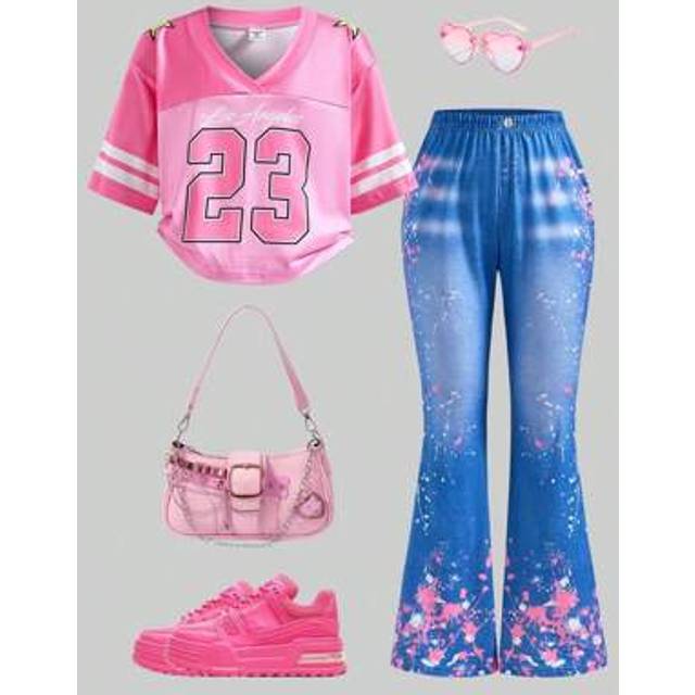 SHEIN Teen Girls&#39; Letter Print Short Sleeve T-Shirt And Flared Jeans-Look Pants Set, Summer