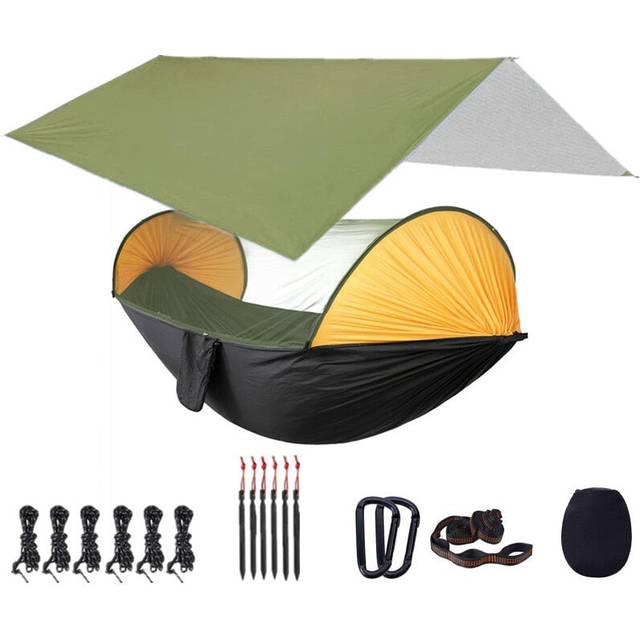 (Green and Black) Camping Hammock with Mosquito Net and 118x118in Rain Fly Tarp,10-ring Tree Strap Hammocks Swing for Backpacking, Survival,Travel