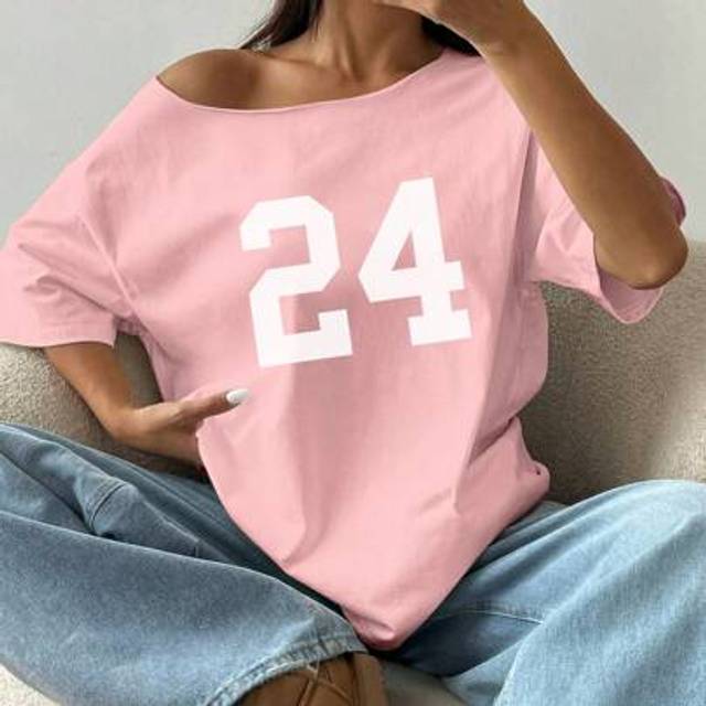 Flirla 1pc Loose Off Shoulder T-Shirt With Digit 24 Slant Shoulder Oversized Graphic Tees Women Tops
