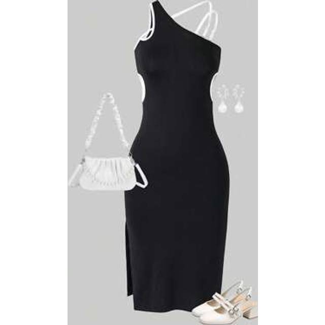 SHEIN Plus Size Girls&#39; Contrasting Trim Hollow Out Asymmetric Shoulder Dress