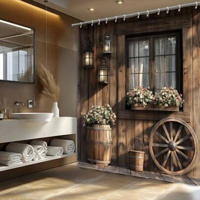 SHEIN 1pc Rustic Wooden Cabin Shower Curtain With Vintage Lanterns, Wagon Wheel, And Floral Planter Box Design - Machine Washable, All-Season Polyester Fabr