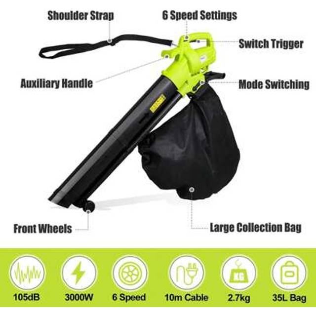 SHEIN 3000W Garden Leaf Blower & Vacuum Shredder, 3 In 1 Leaf Blower With 35L Leaf Collection Bag, Carry Strap, Rolling Wheels, 10:1 Shredding Ratio, 10M Po