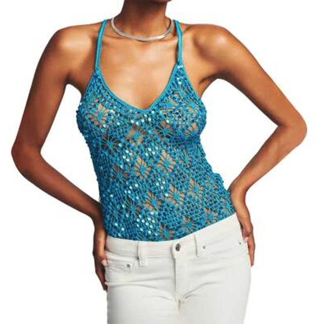 SHEIN Women Sequin Crochet Cropped Halter Tops Y2K Open Back Sparkle Knitted Cami Top Summer Deep V Neck Hollow Out Sleeveless Spaghetti Strap Vest Knit Tan