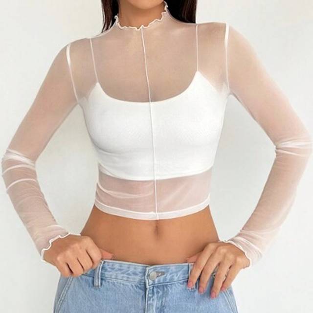 SHEIN Long Sleeve Mesh Sheer Crop Sexy Top