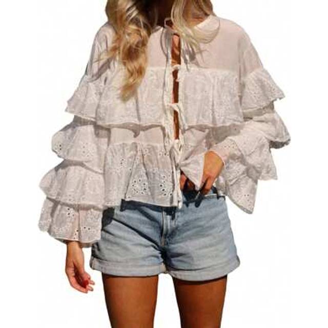 SHEIN Women Tie Front Eyelet Long Sleeve Top Flowy Tiered Babydoll Bow Shirts Hollow Out Peplum Cute Blouse Shirts Tops