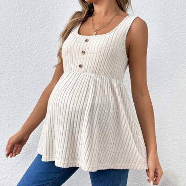 SHEIN Maternity Loose Fit Long Tank Top With Big Round Neck And Ribbed Design