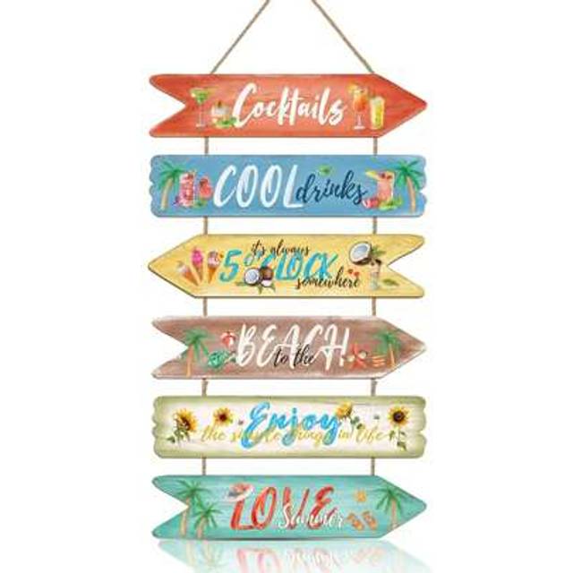 SHEIN Summer Beach Wooden Signage Plaques, Marine Themed Wooden Wall Hangings, Colorful Spring Hanging Signs Decorate Pool Party Camping Vacation