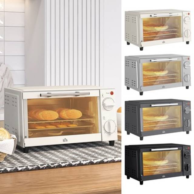 Homcom Mini Oven, 9l Countertop Electric Grill, Toaster Oven With Adjustable Temperature, Timer, Baking Tray And Wire Rack, 750w, Cream